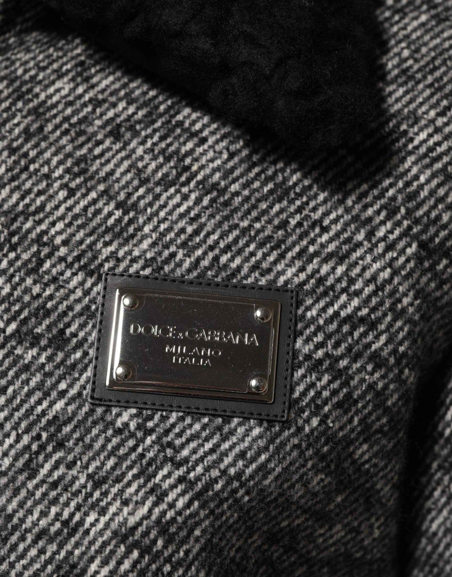 Dolce & Gabbana Gray Wool Herringbone Shearling Collar Bomber Jacket by Dolce & Gabbana