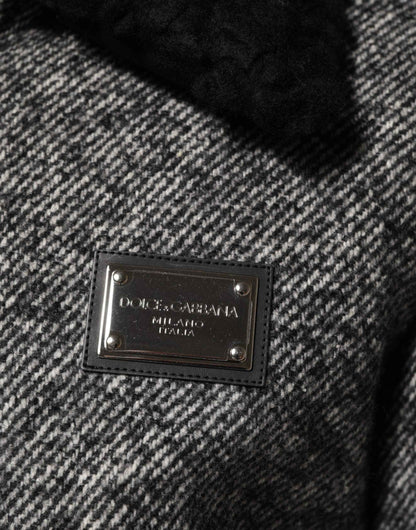 Dolce & Gabbana Gray Wool Herringbone Shearling Collar Bomber Jacket by Dolce & Gabbana