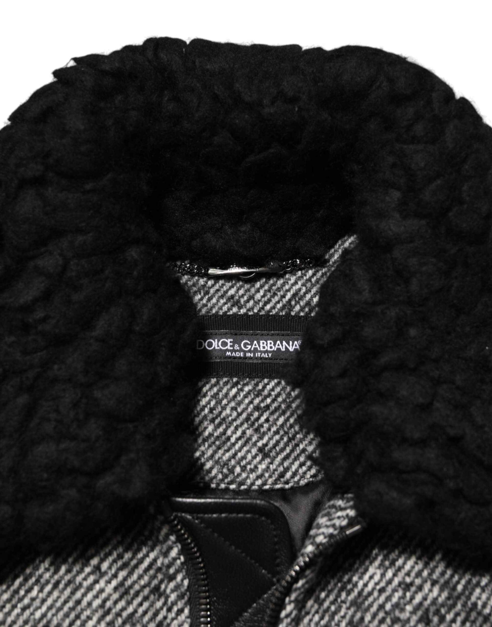 Dolce & Gabbana Gray Wool Herringbone Shearling Collar Bomber Jacket by Dolce & Gabbana