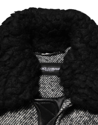 Dolce & Gabbana Gray Wool Herringbone Shearling Collar Bomber Jacket by Dolce & Gabbana