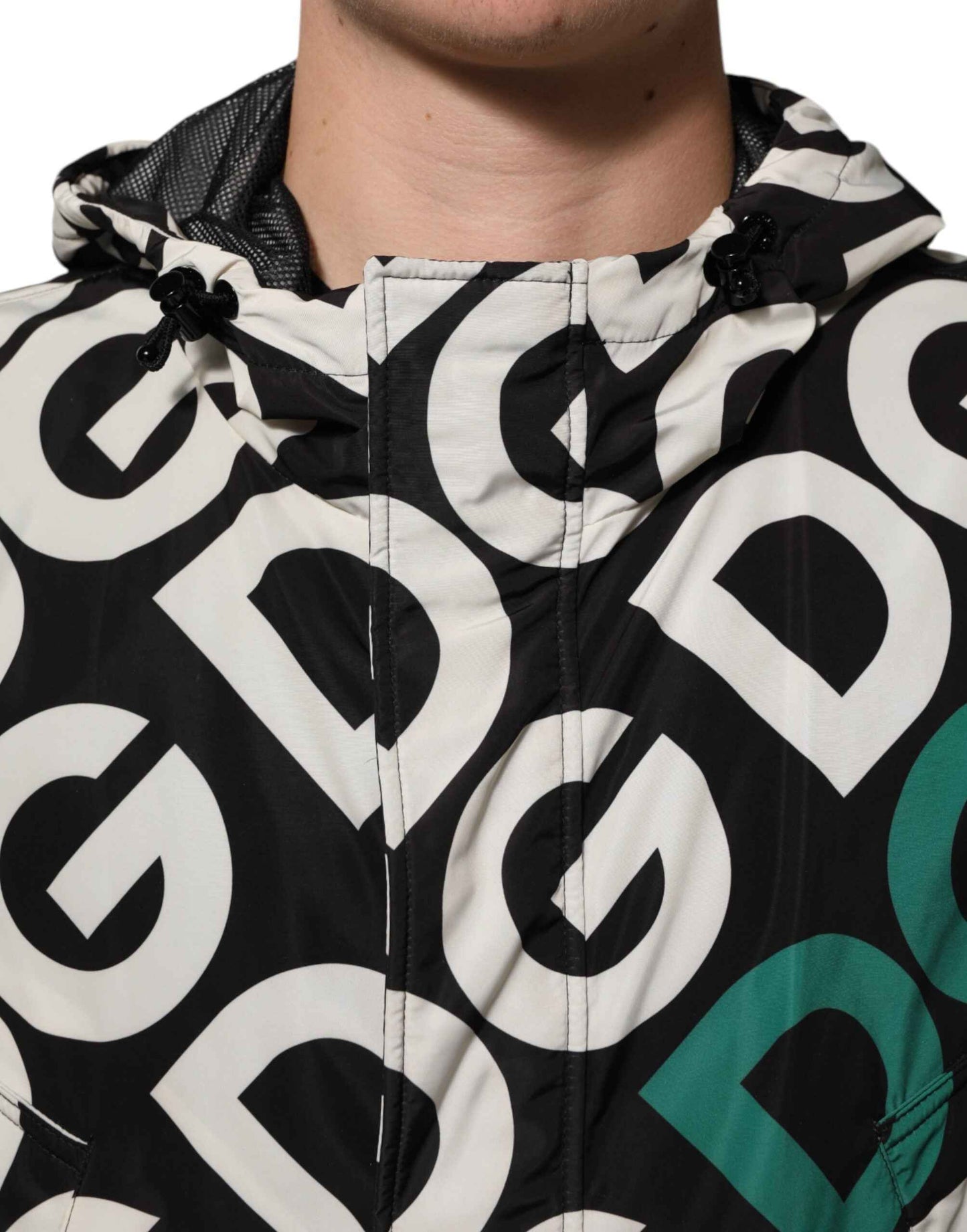 Dolce & Gabbana Black White Logo Print Hooded Coat Men Jacket by Dolce & Gabbana