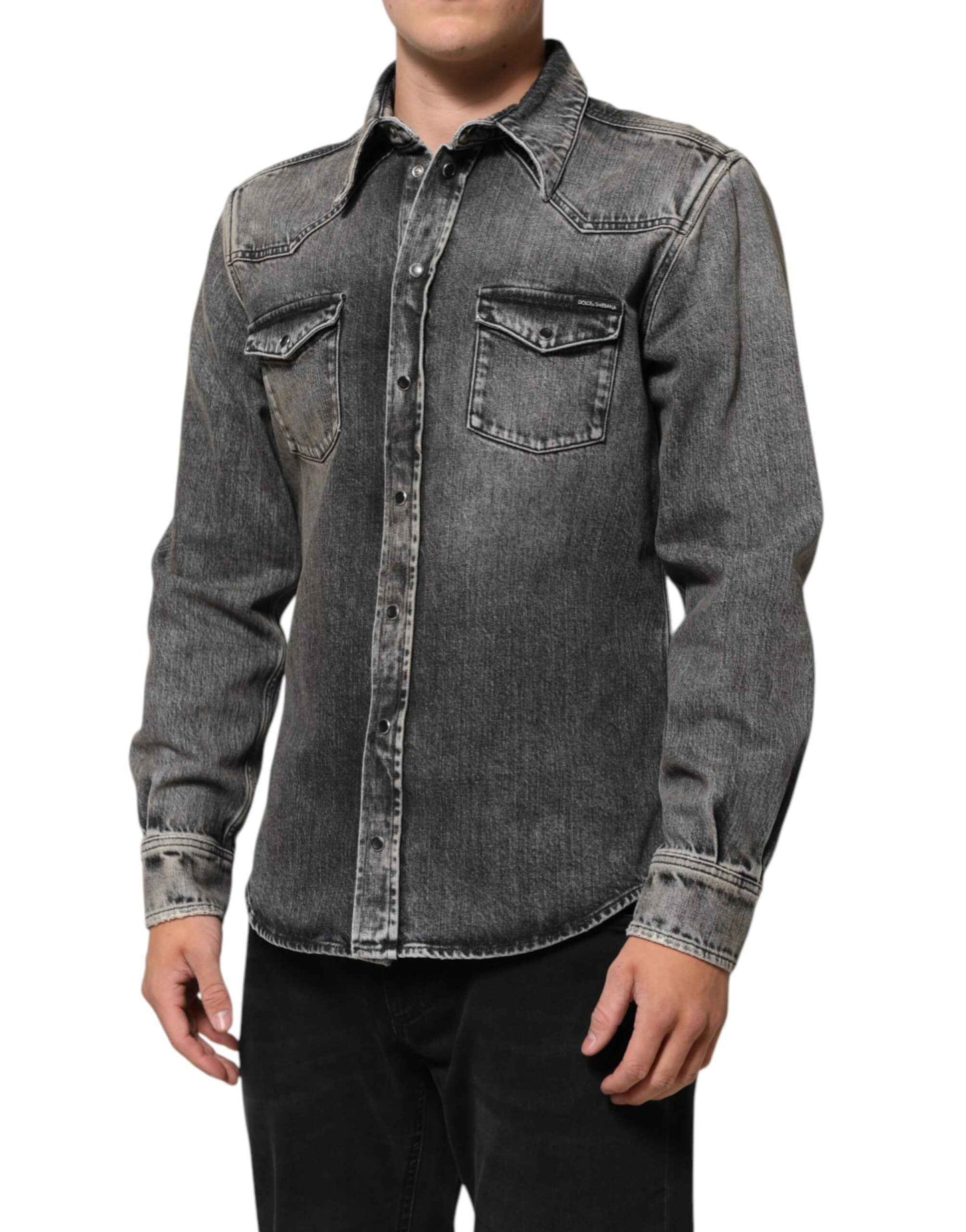 Dolce & Gabbana Black Washed Cotton Snap Long Sleeve Casual Shirt by Dolce & Gabbana