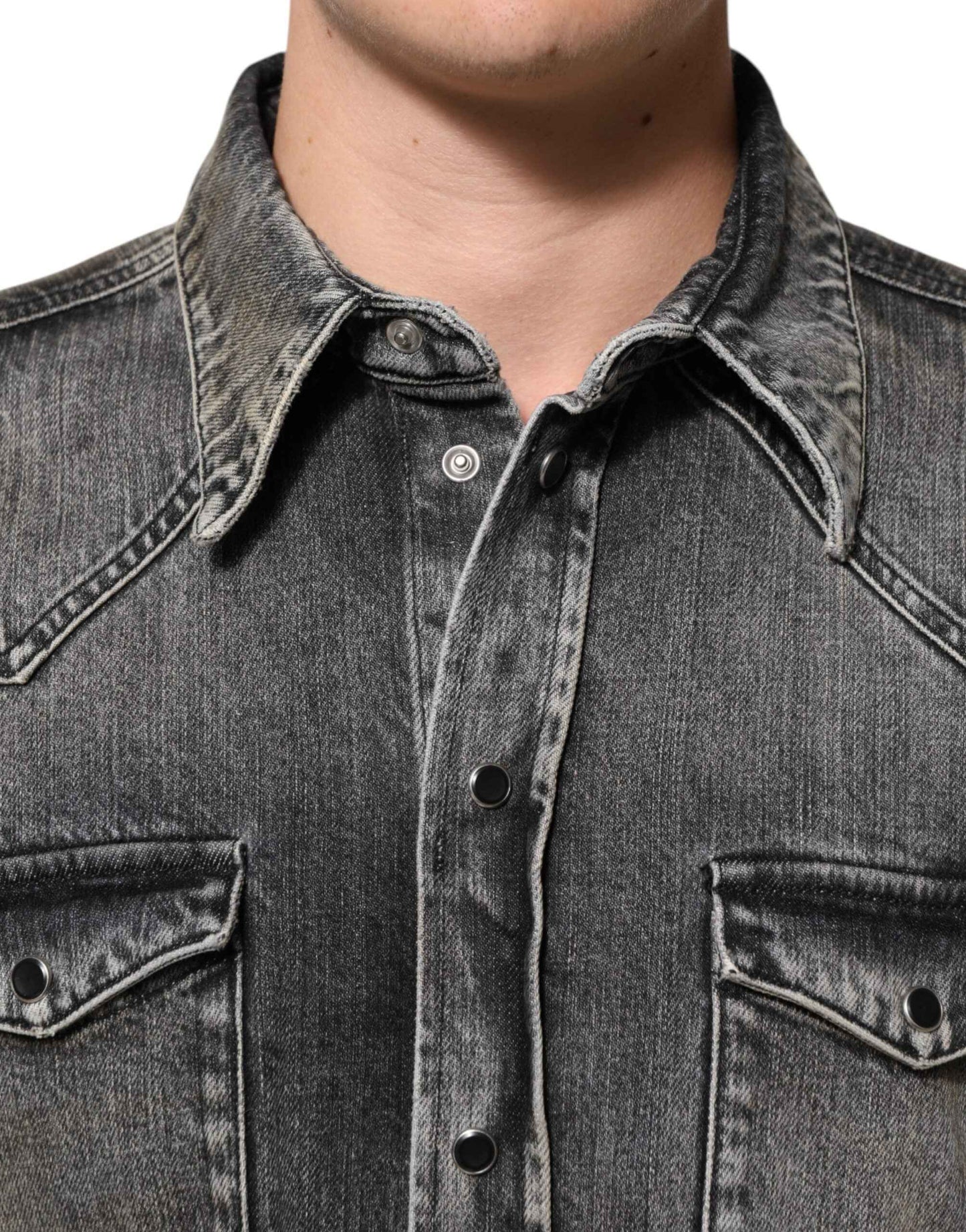 Dolce & Gabbana Black Washed Cotton Snap Long Sleeve Casual Shirt by Dolce & Gabbana