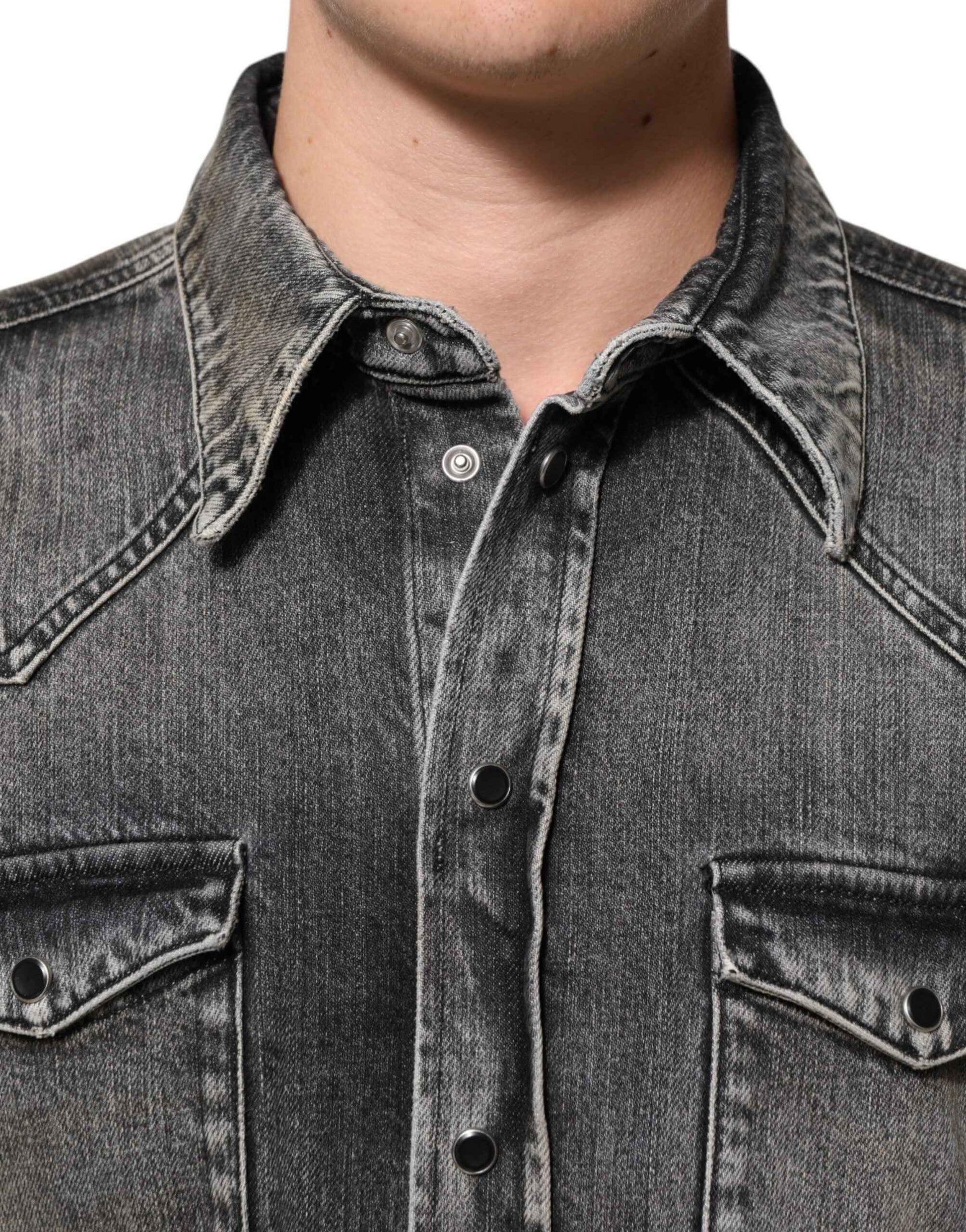Dolce & Gabbana Black Washed Cotton Snap Long Sleeve Casual Shirt by Dolce & Gabbana