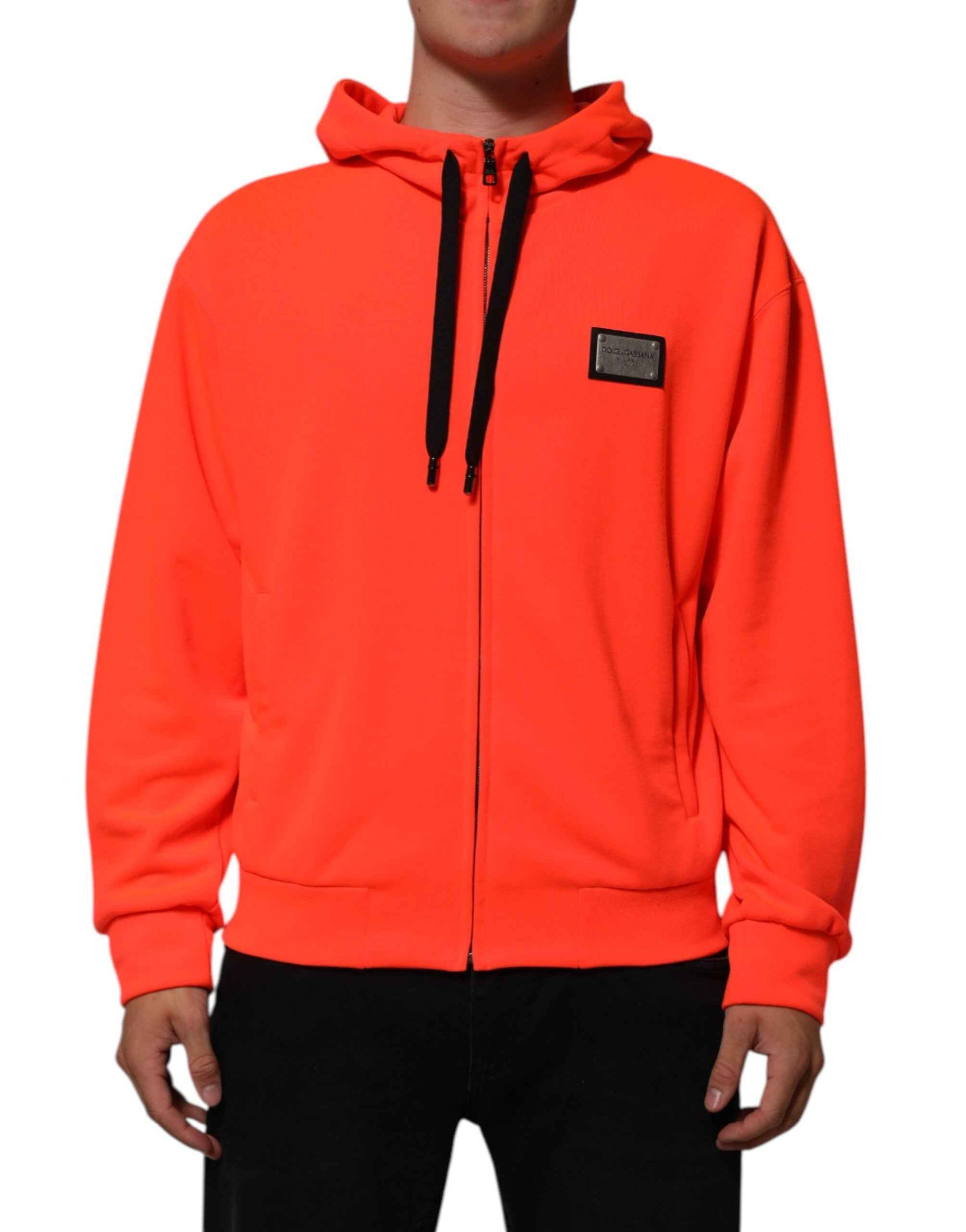 Dolce & Gabbana Red Fluorescent Polyester Logo Patch Hoodie Sweater by Dolce & Gabbana