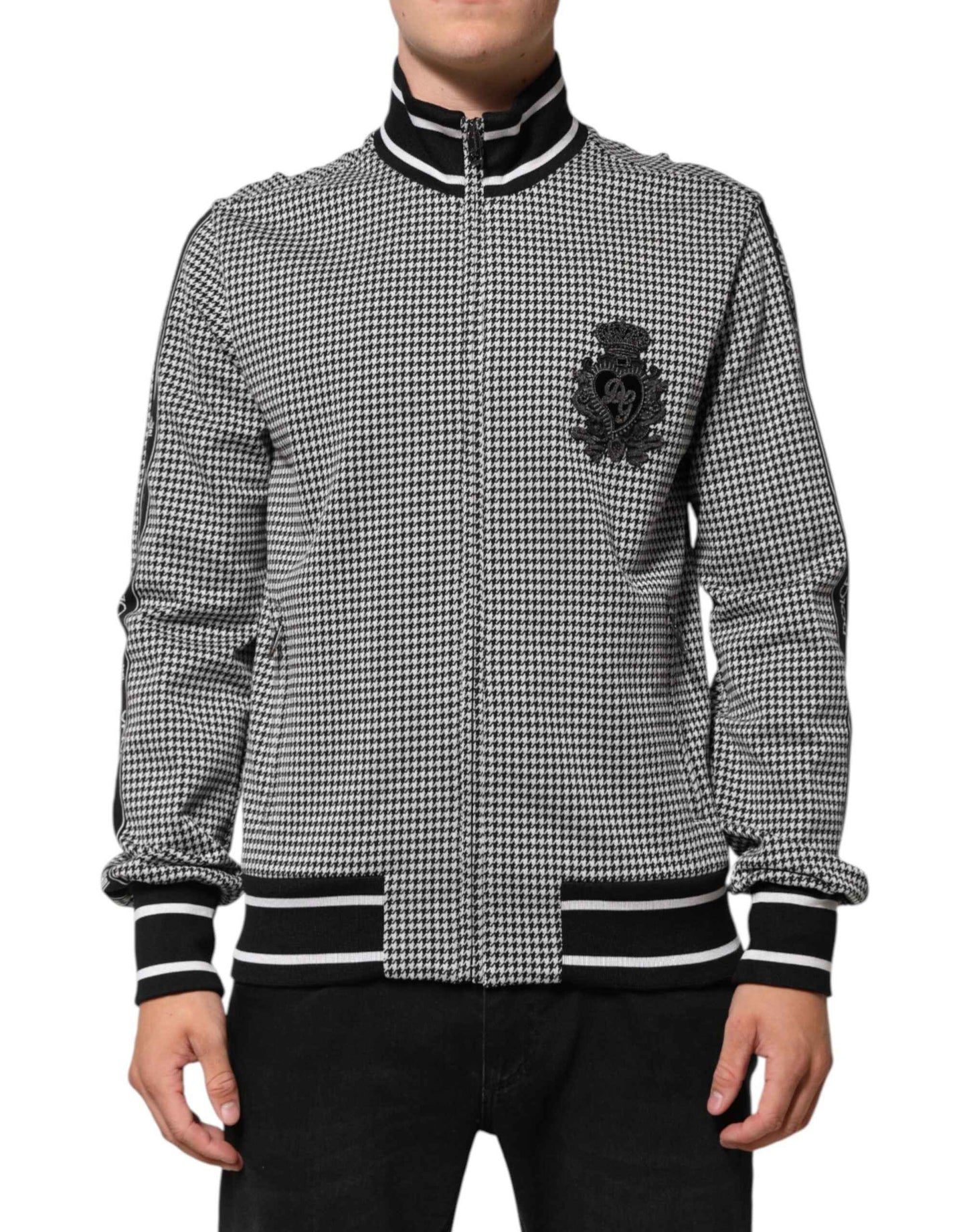 Dolce & Gabbana Black White Houndstooth Wool Crest Jacket Sweater by Dolce & Gabbana