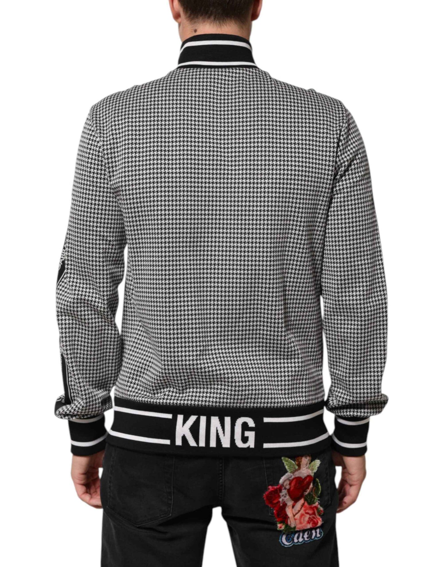Dolce & Gabbana Black White Houndstooth Wool Crest Jacket Sweater by Dolce & Gabbana