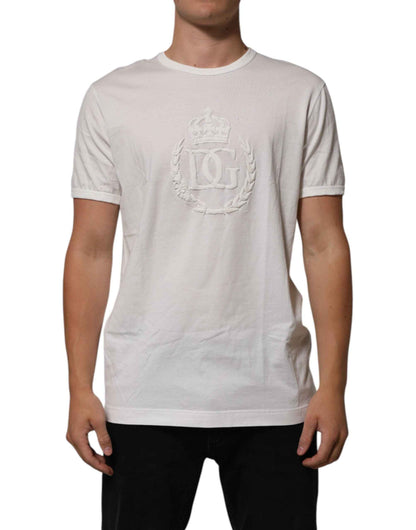 Dolce & Gabbana White Cotton DG Crown Embossed Men T-shirt by Dolce & Gabbana