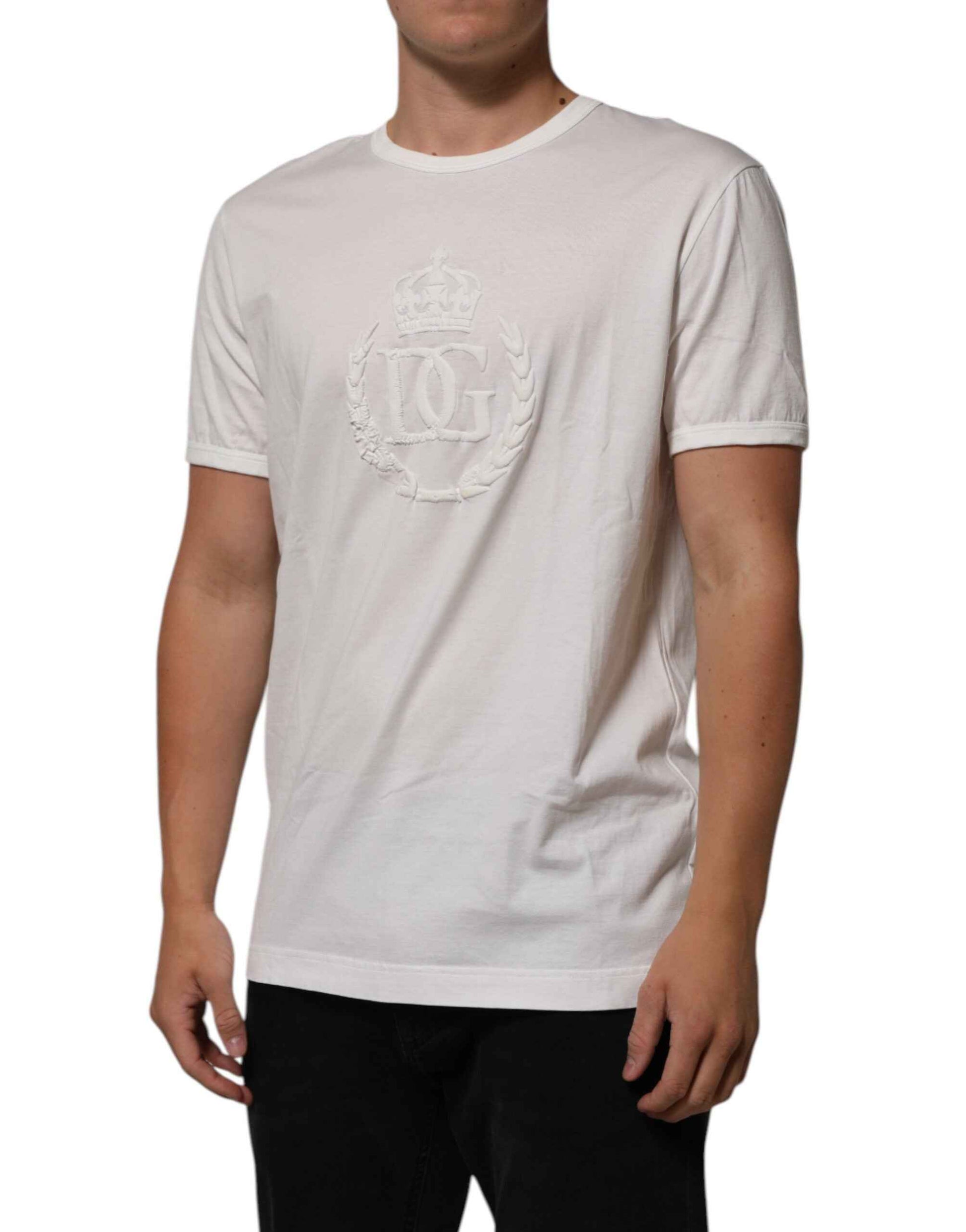 Dolce & Gabbana White Cotton DG Crown Embossed Men T-shirt by Dolce & Gabbana