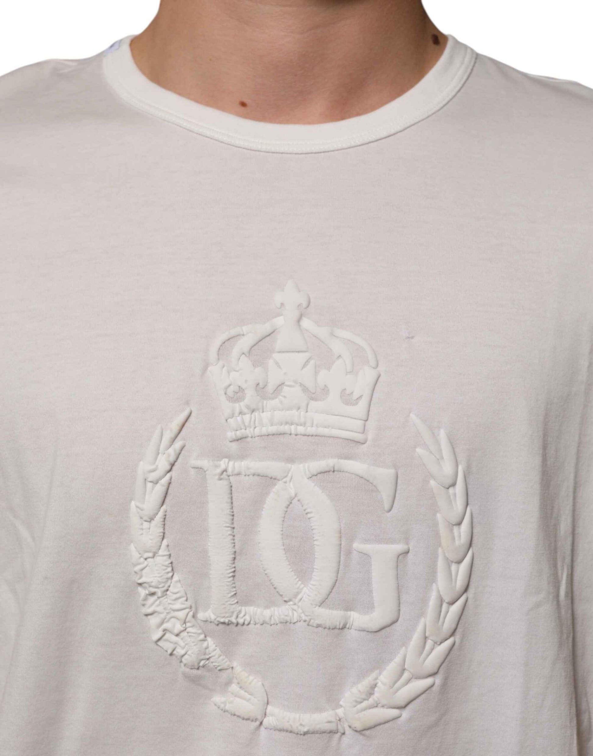 Dolce & Gabbana White Cotton DG Crown Embossed Men T-shirt by Dolce & Gabbana
