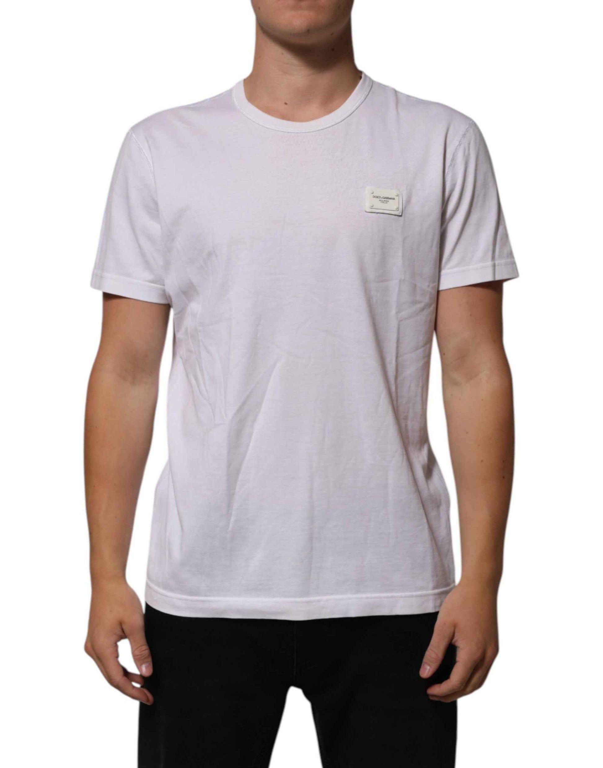 Dolce & Gabbana White Cotton Logo Patch Crew Neck Men T-shirt by Dolce & Gabbana