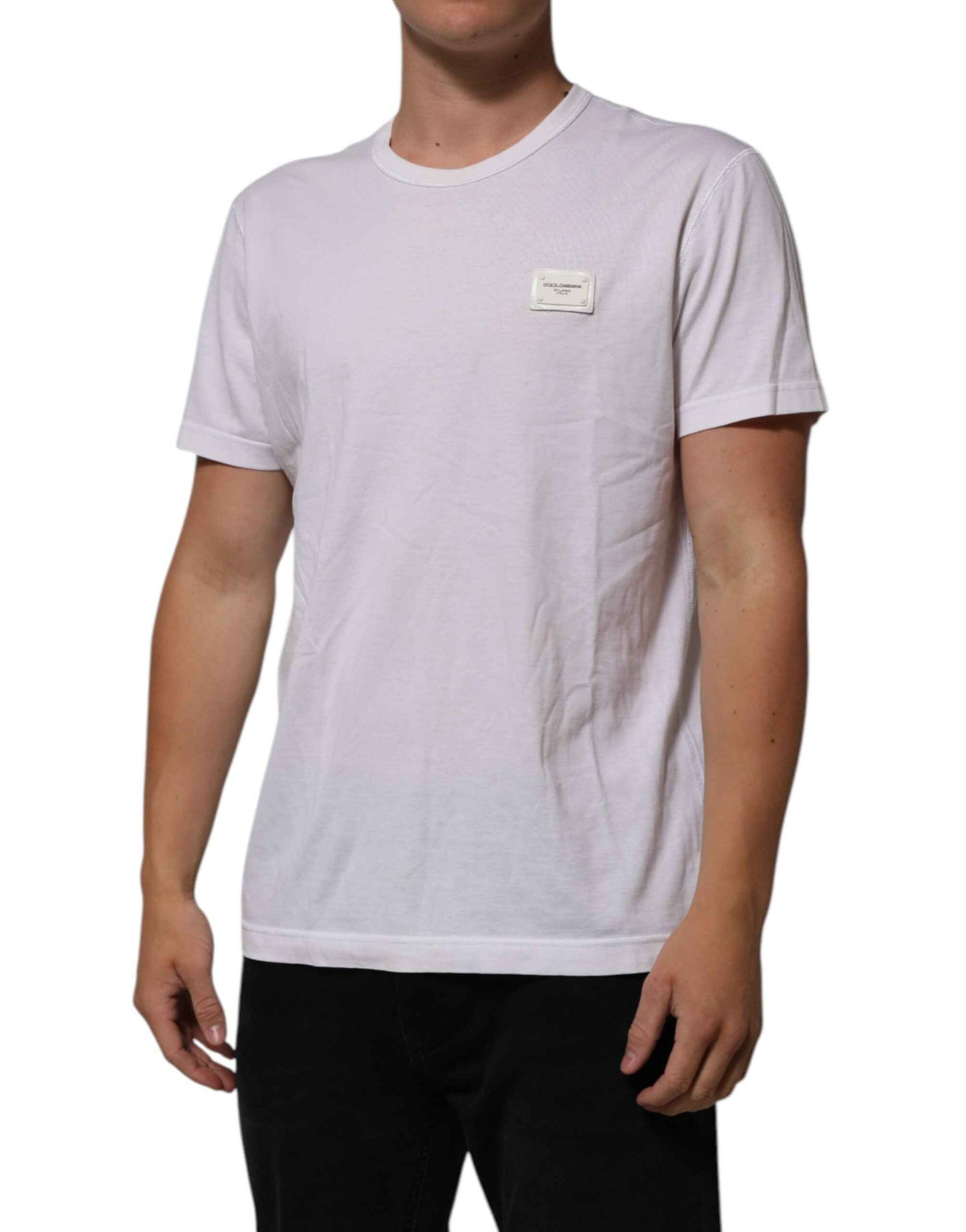 Dolce & Gabbana White Cotton Logo Patch Crew Neck Men T-shirt by Dolce & Gabbana