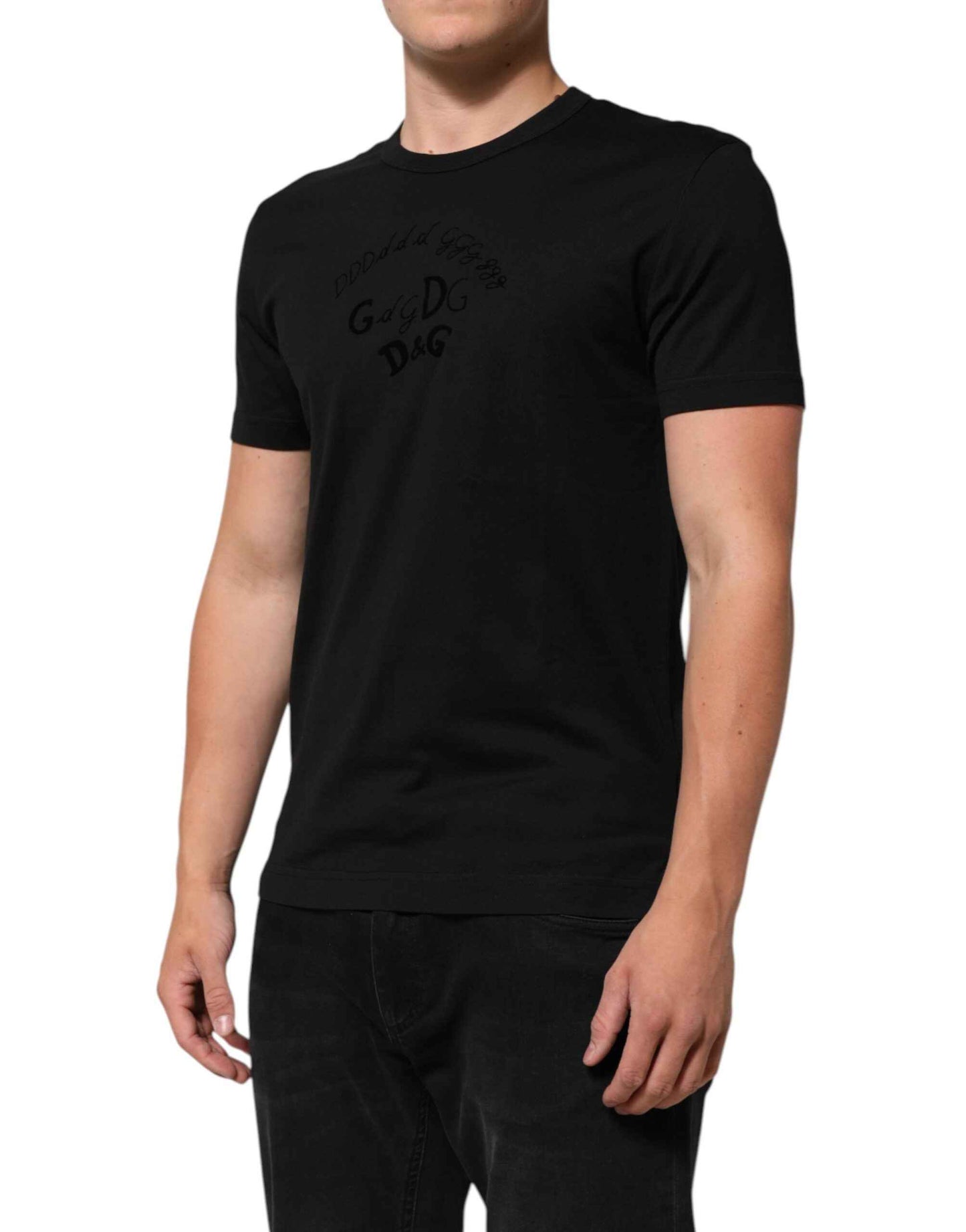Dolce & Gabbana Black Cotton Velvet Logo Print Men T-shirt by Dolce & Gabbana