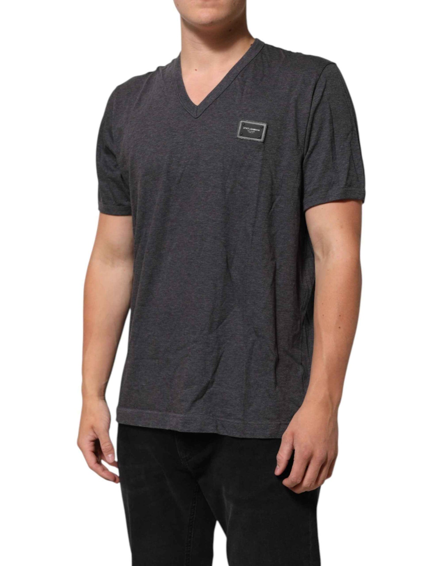 Dolce & Gabbana Grey Cotton V-Neck Logo Plaque Melange T-Shirt by Dolce & Gabbana
