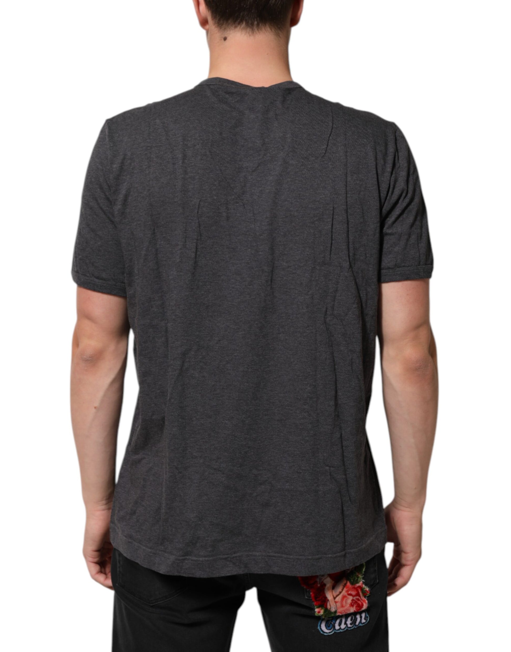 Dolce & Gabbana Grey Cotton V-Neck Logo Plaque Melange T-Shirt - from Dolce & Gabbana