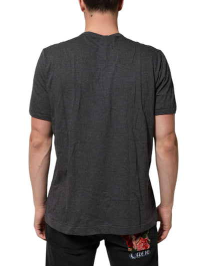 Dolce & Gabbana Grey Cotton V-Neck Logo Plaque Melange T-Shirt - from Dolce & Gabbana