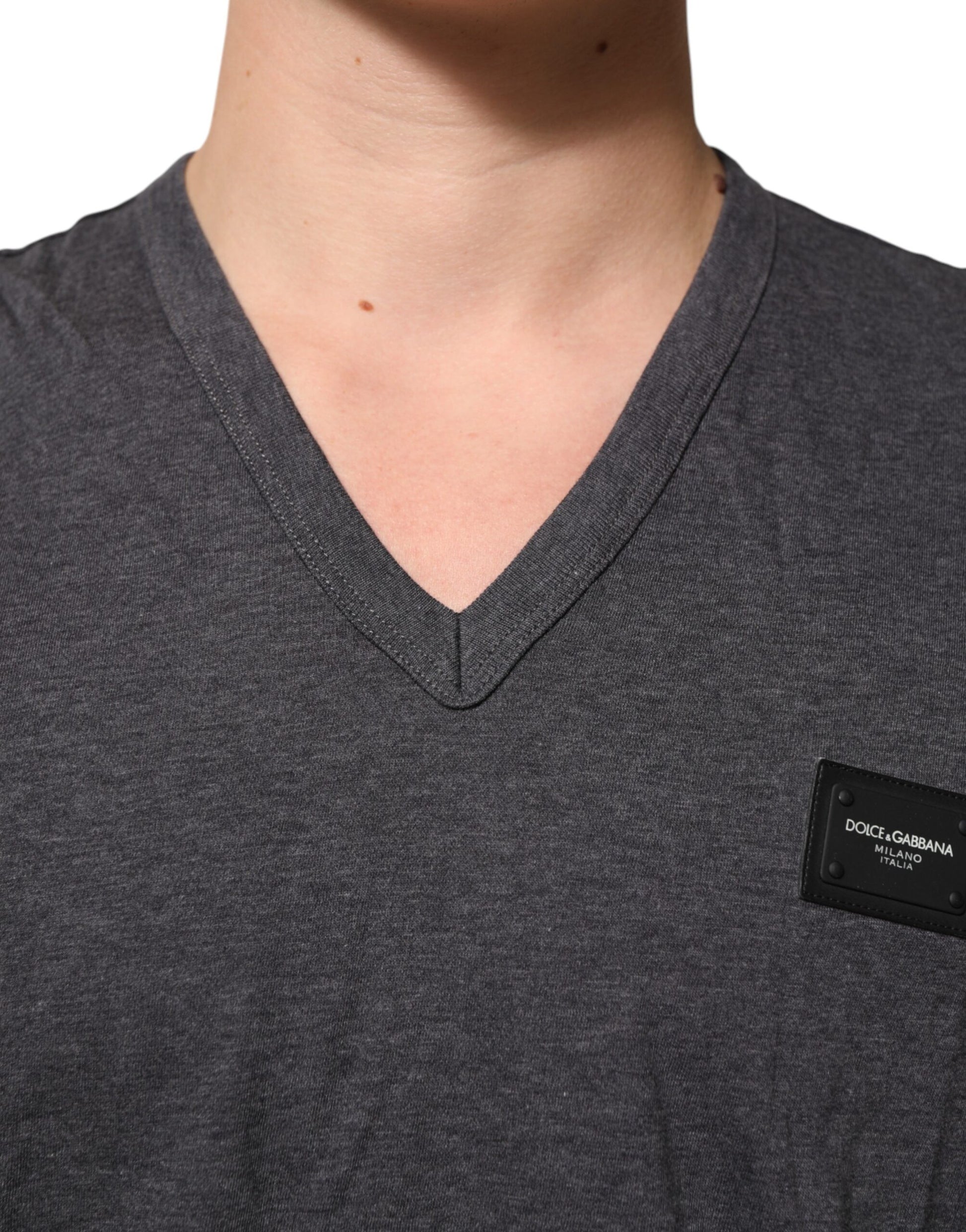 Dolce & Gabbana Grey Cotton V-Neck Logo Plaque Melange T-Shirt - from Dolce & Gabbana