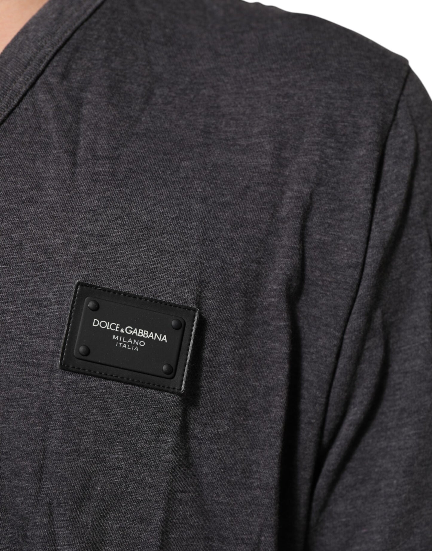 Dolce & Gabbana Grey Cotton V-Neck Logo Plaque Melange T-Shirt - from Dolce & Gabbana