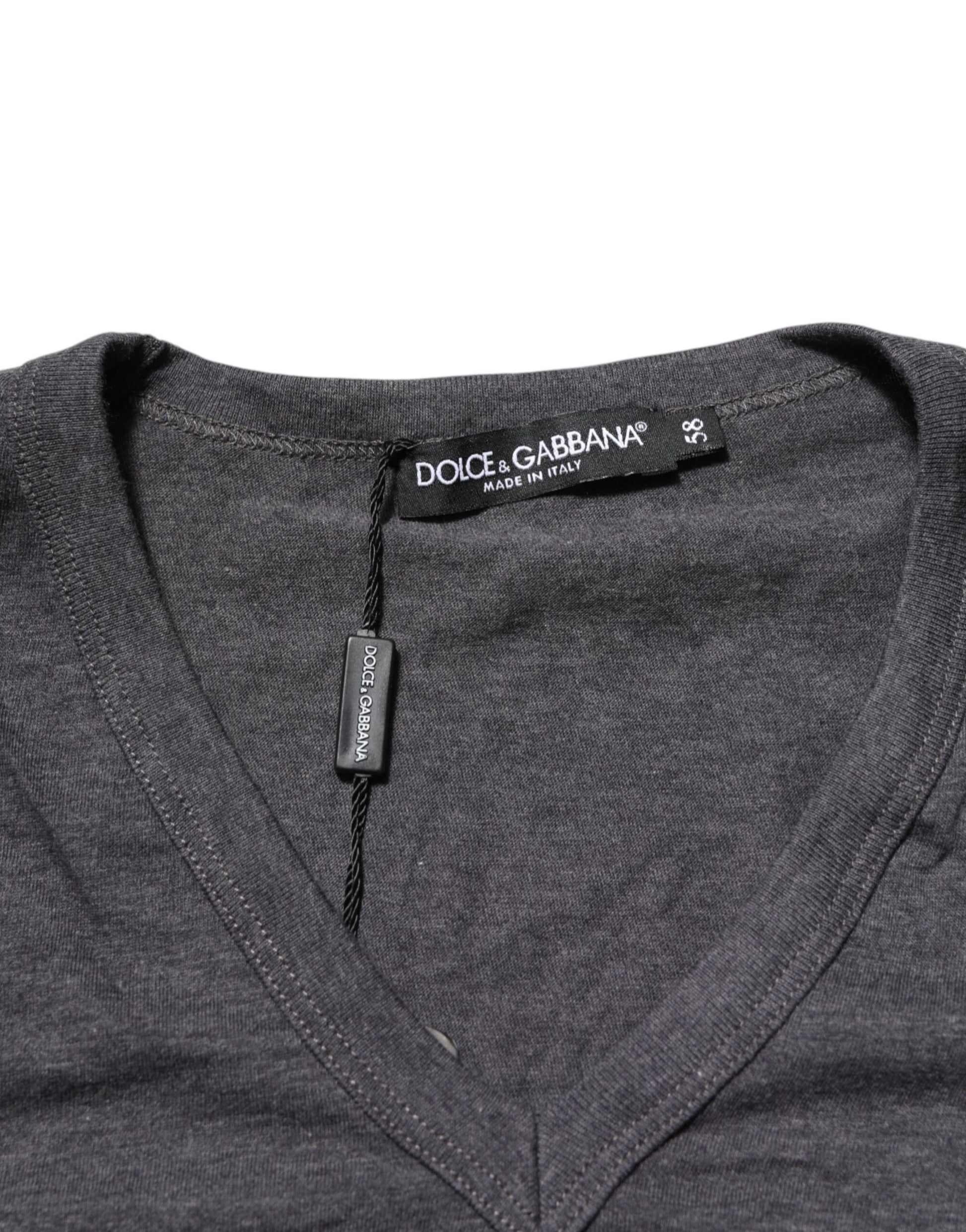 Dolce & Gabbana Grey Cotton V-Neck Logo Plaque Melange T-Shirt - from Dolce & Gabbana