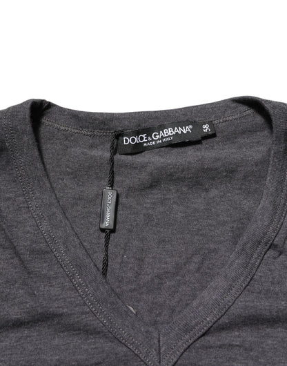 Dolce & Gabbana Grey Cotton V-Neck Logo Plaque Melange T-Shirt - from Dolce & Gabbana