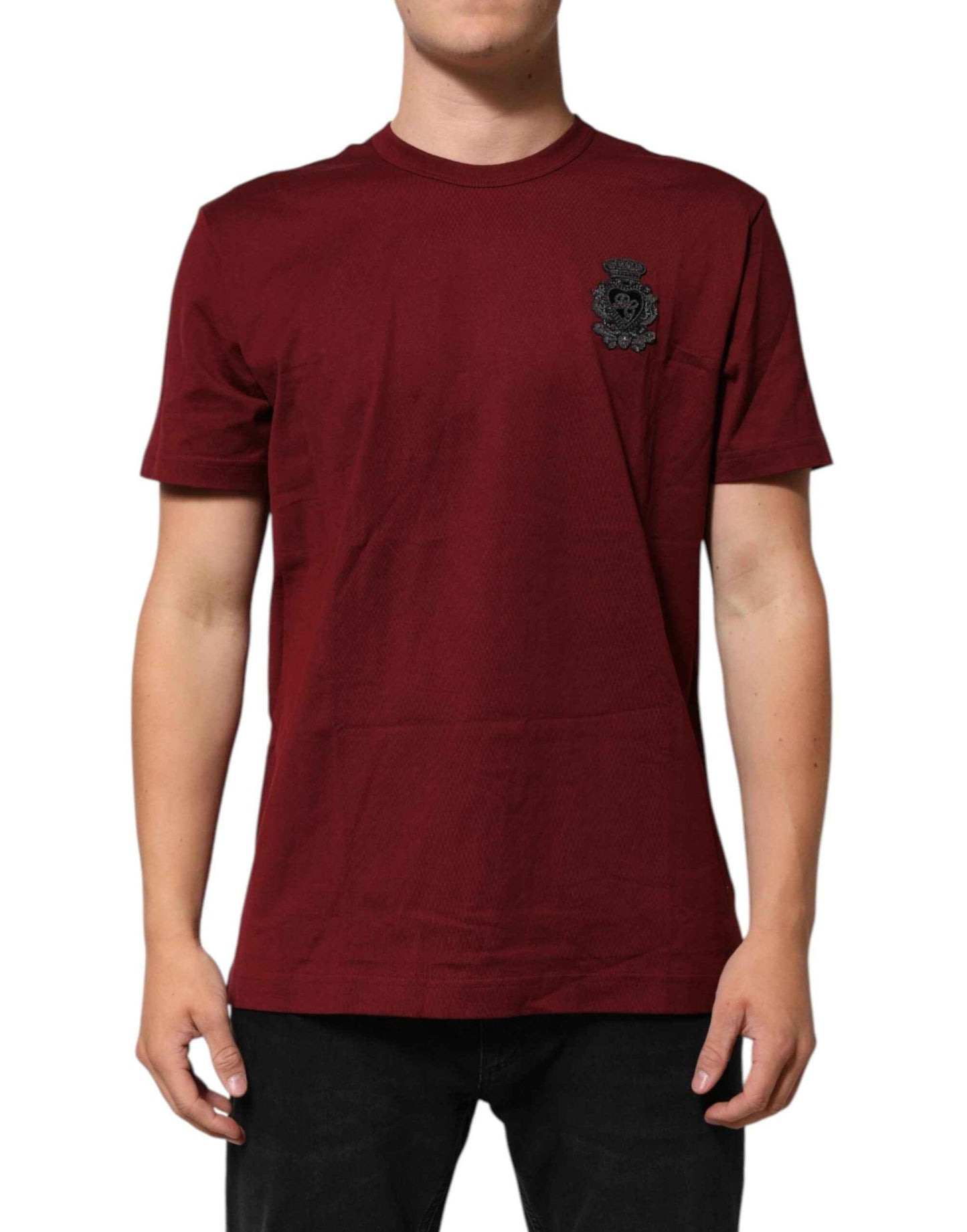 Dolce & Gabbana Bordeaux Red Cotton Crest Logo Patch T-Shirt by Dolce & Gabbana
