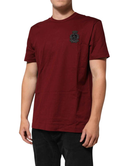 Dolce & Gabbana Bordeaux Red Cotton Crest Logo Patch T-Shirt by Dolce & Gabbana
