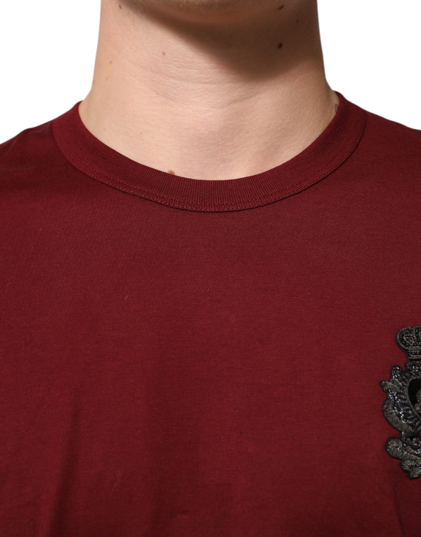 Dolce & Gabbana Bordeaux Red Cotton Crest Logo Patch T-Shirt - from Dolce & Gabbana