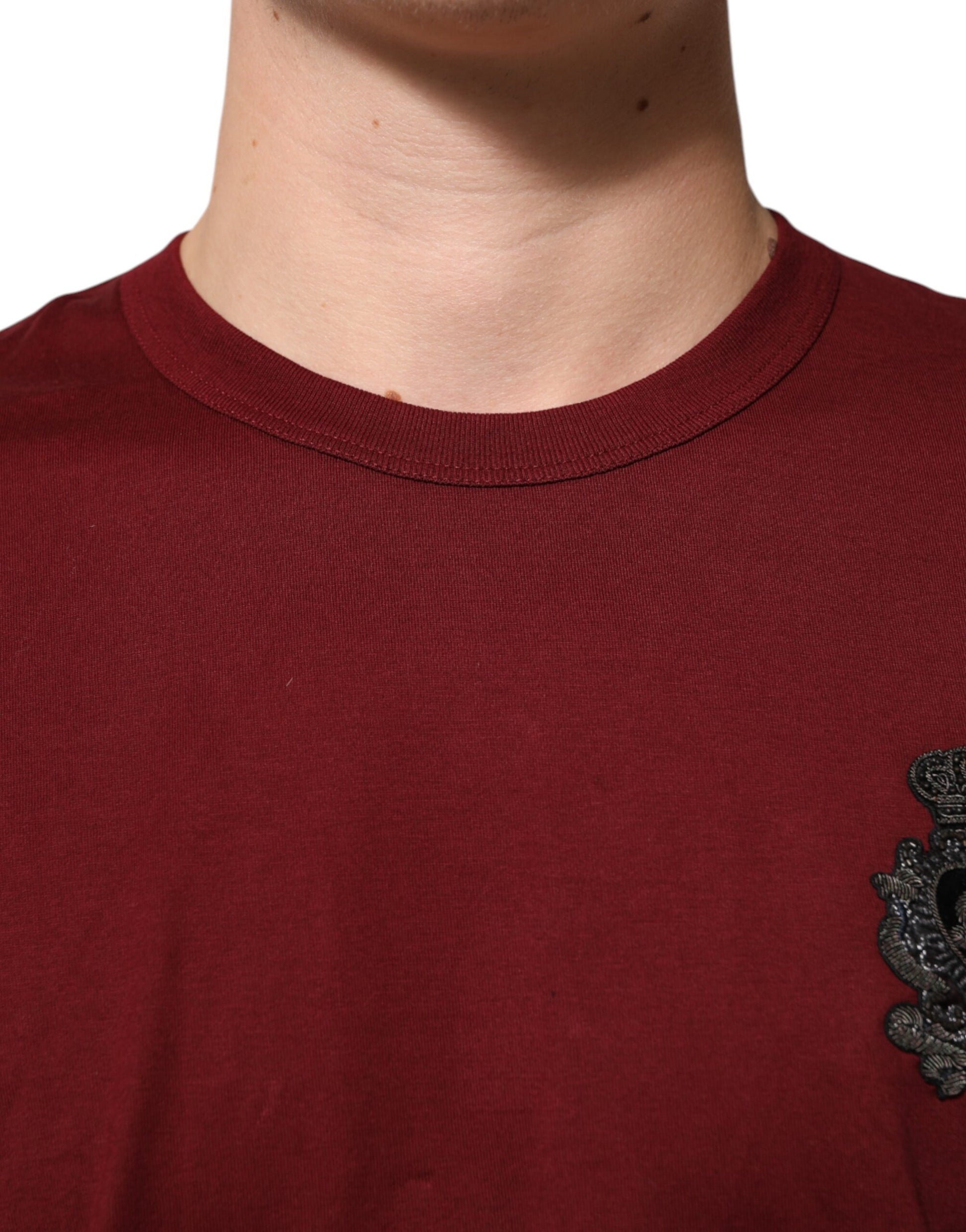 Dolce & Gabbana Bordeaux Red Cotton Crest Logo Patch T-Shirt - from Dolce & Gabbana