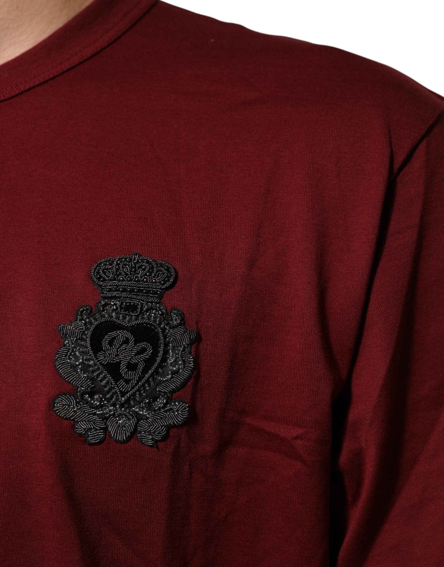 Dolce & Gabbana Bordeaux Red Cotton Crest Logo Patch T-Shirt by Dolce & Gabbana