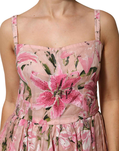 Dolce & Gabbana Pink Cotton Floral Pleated Sleeveless Dress by Dolce & Gabbana