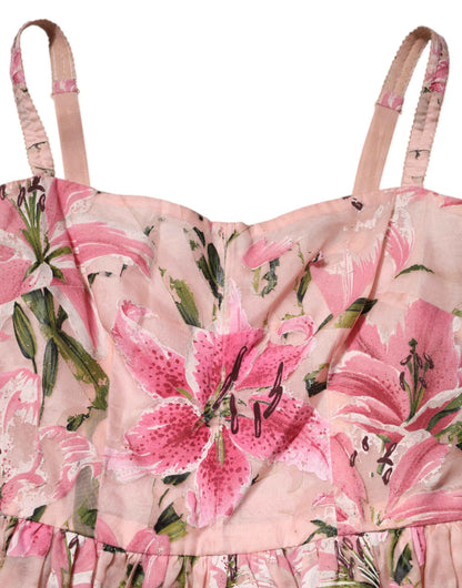 Dolce & Gabbana Pink Cotton Floral Pleated Sleeveless Dress by Dolce & Gabbana