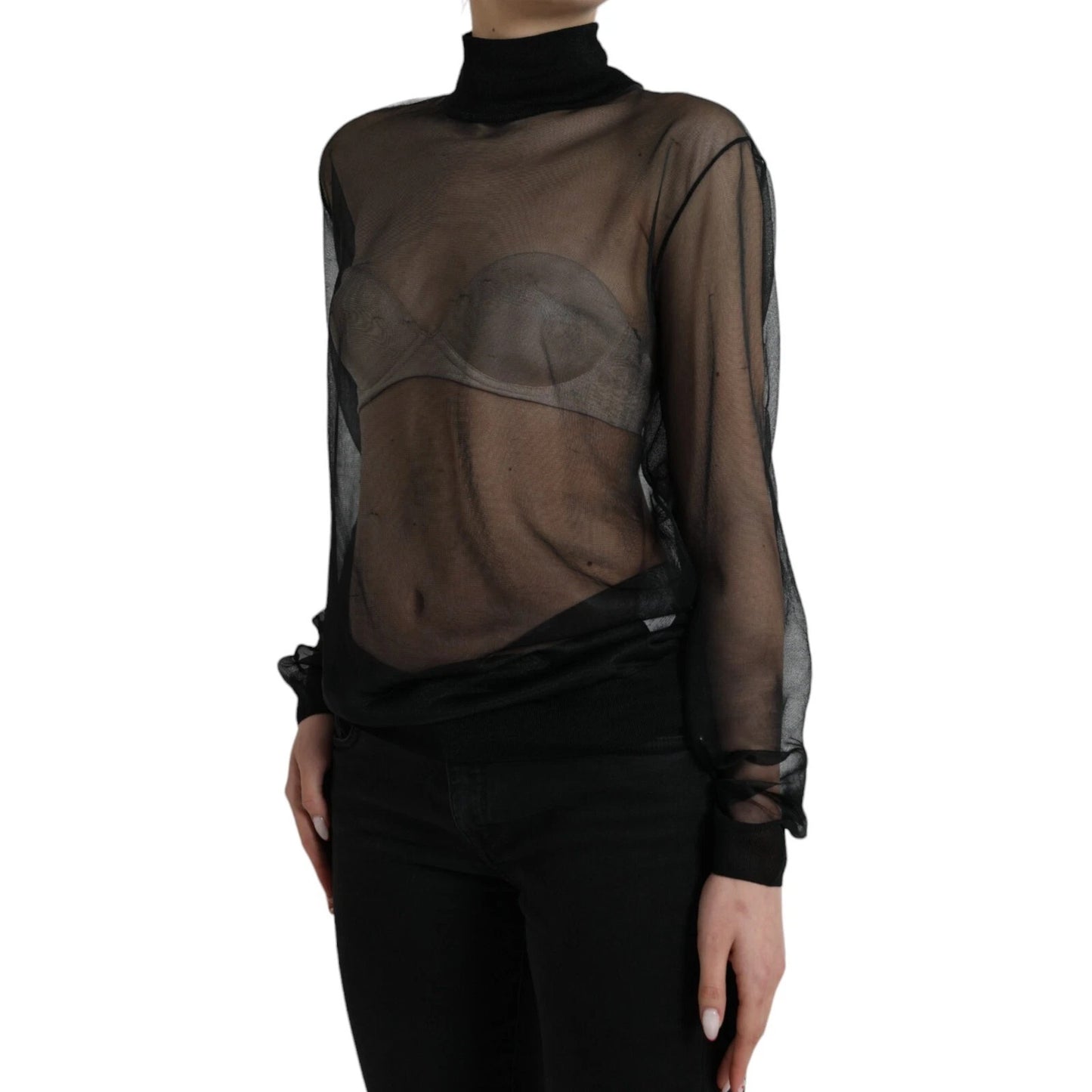Dolce &amp; Gabbana Black Mesh Turtleneck Sheer Blouse Top