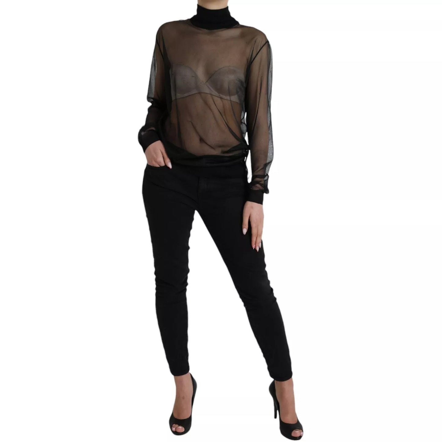 Dolce &amp; Gabbana Black Mesh Turtleneck Sheer Blouse Top