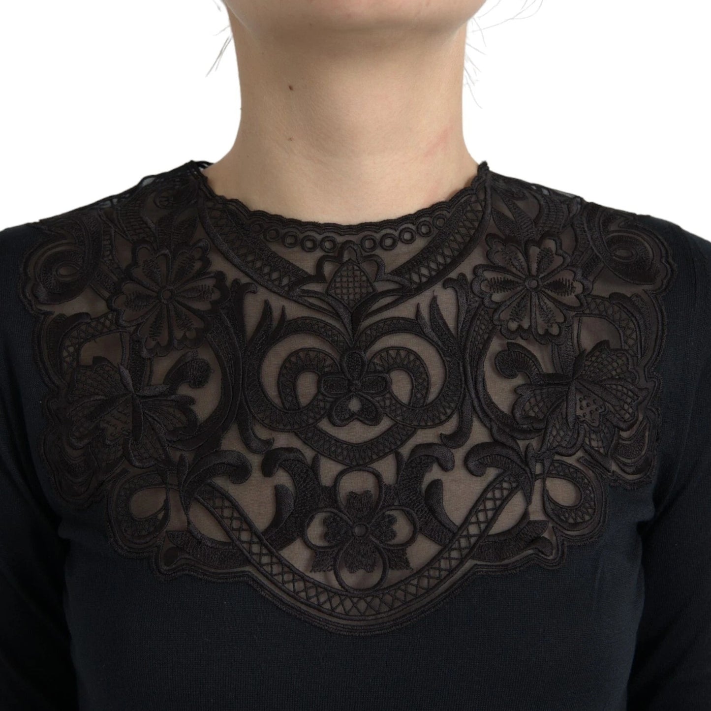 Dolce &amp; Gabbana Black Silk Lace Trim Long Sleeves Blouse Top