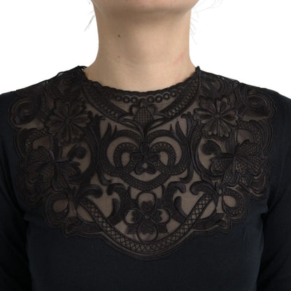 Dolce &amp; Gabbana Black Silk Lace Trim Long Sleeves Blouse Top