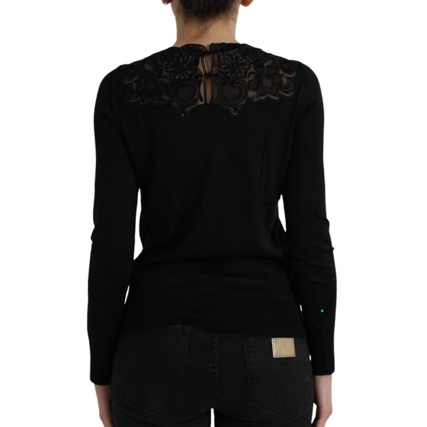 Dolce &amp; Gabbana Black Silk Lace Trim Long Sleeves Blouse Top