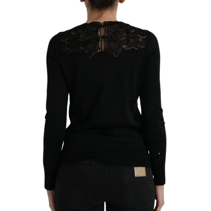 Dolce &amp; Gabbana Black Silk Lace Trim Long Sleeves Blouse Top