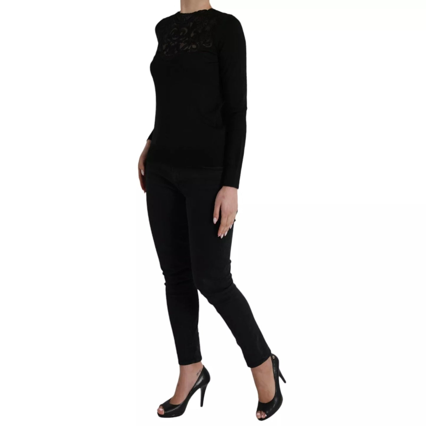 Dolce &amp; Gabbana Black Silk Lace Trim Long Sleeves Blouse Top