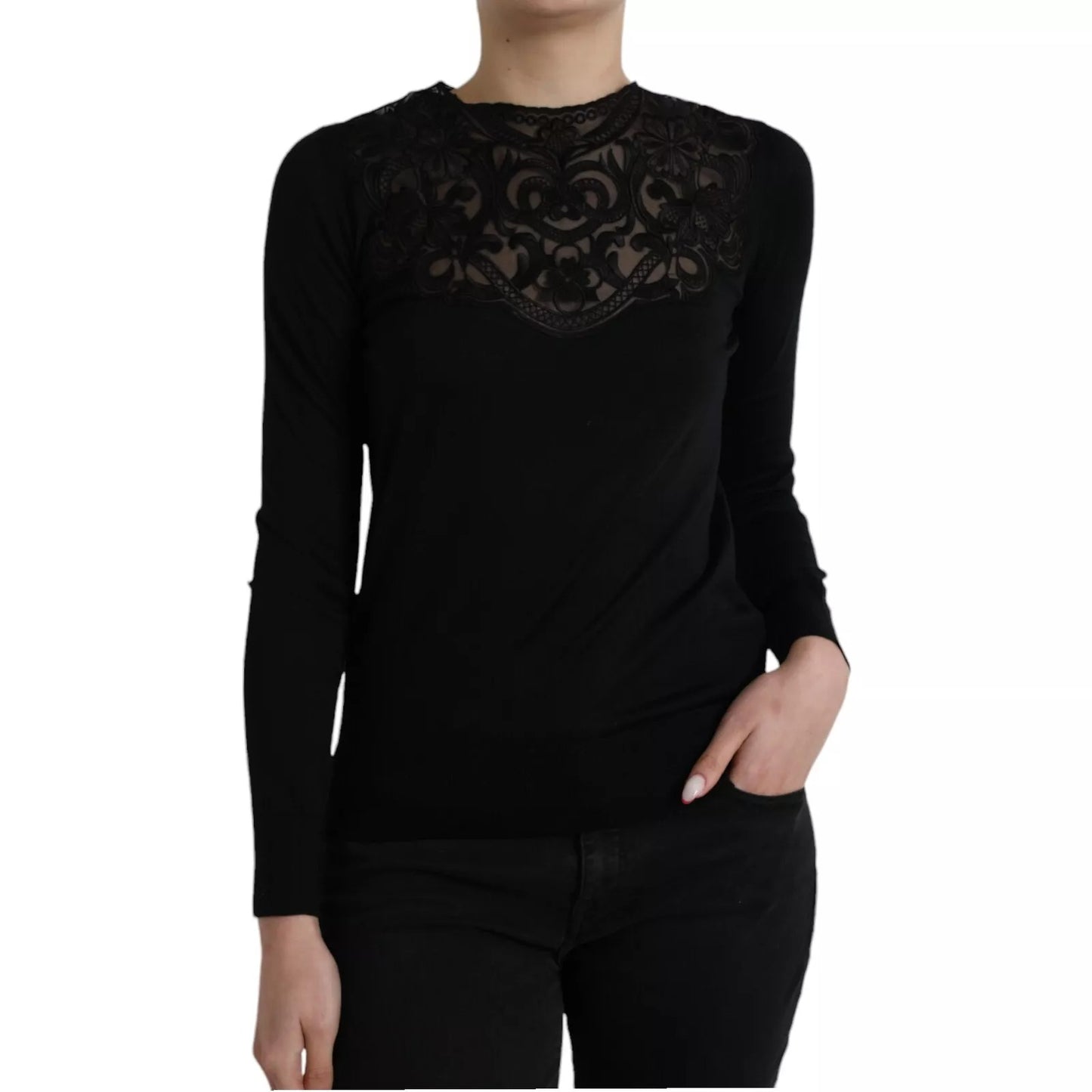 Dolce &amp; Gabbana Black Silk Lace Trim Long Sleeves Blouse Top