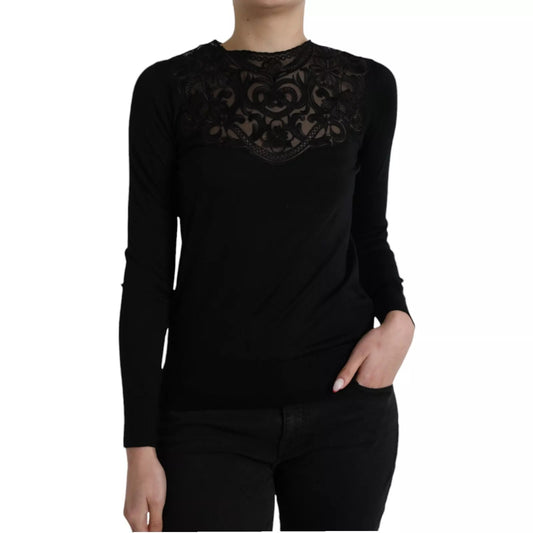Dolce &amp; Gabbana Black Silk Lace Trim Long Sleeves Blouse Top