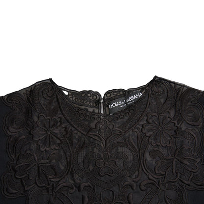 Dolce &amp; Gabbana Black Silk Lace Trim Long Sleeves Blouse Top