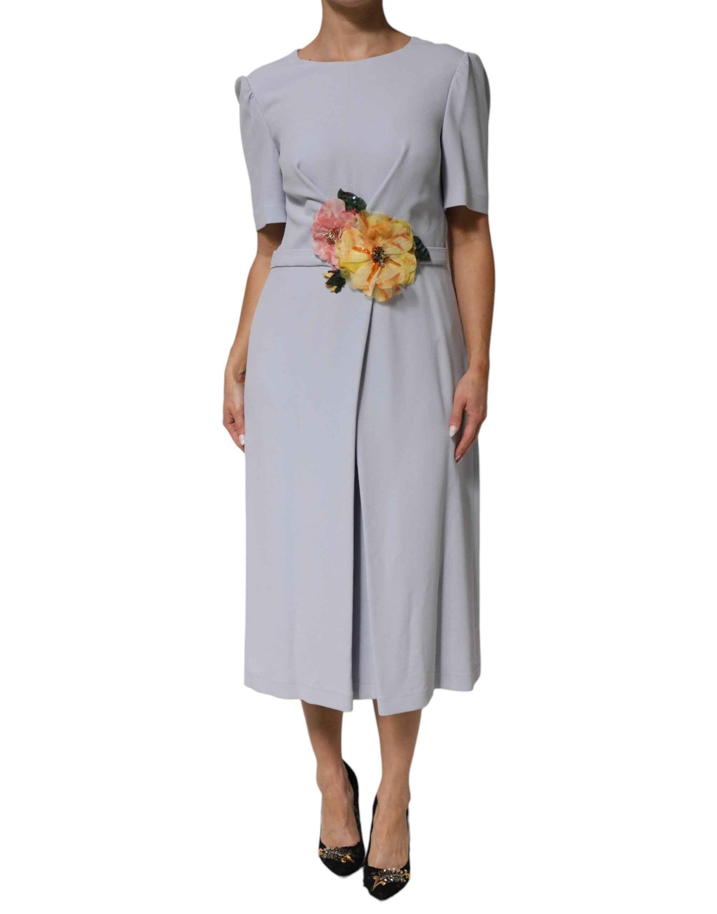 Dolce & Gabbana Light Blue Viscose Blend Floral Applique Dress by Dolce & Gabbana