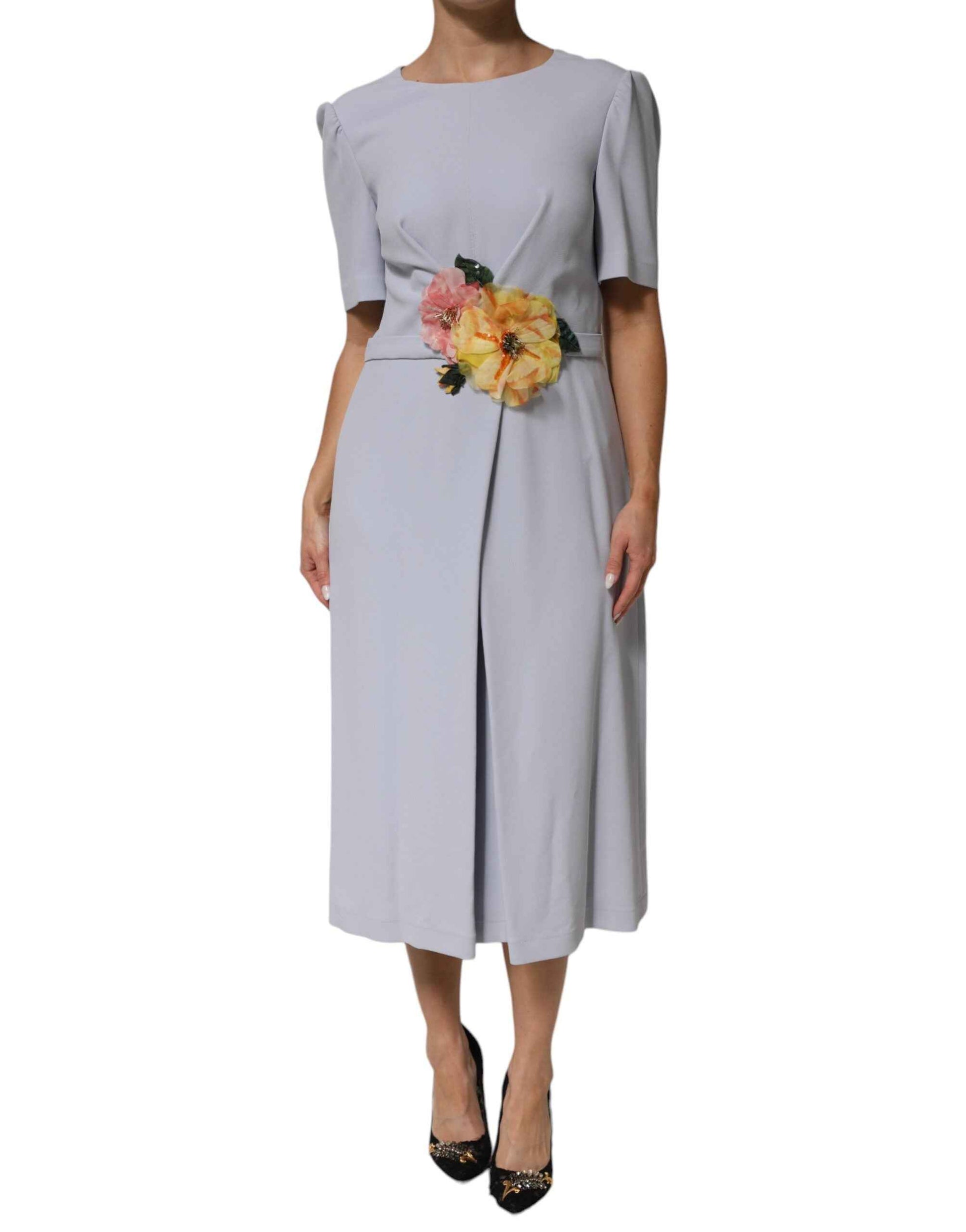 Dolce & Gabbana Light Blue Viscose Blend Floral Applique Dress by Dolce & Gabbana