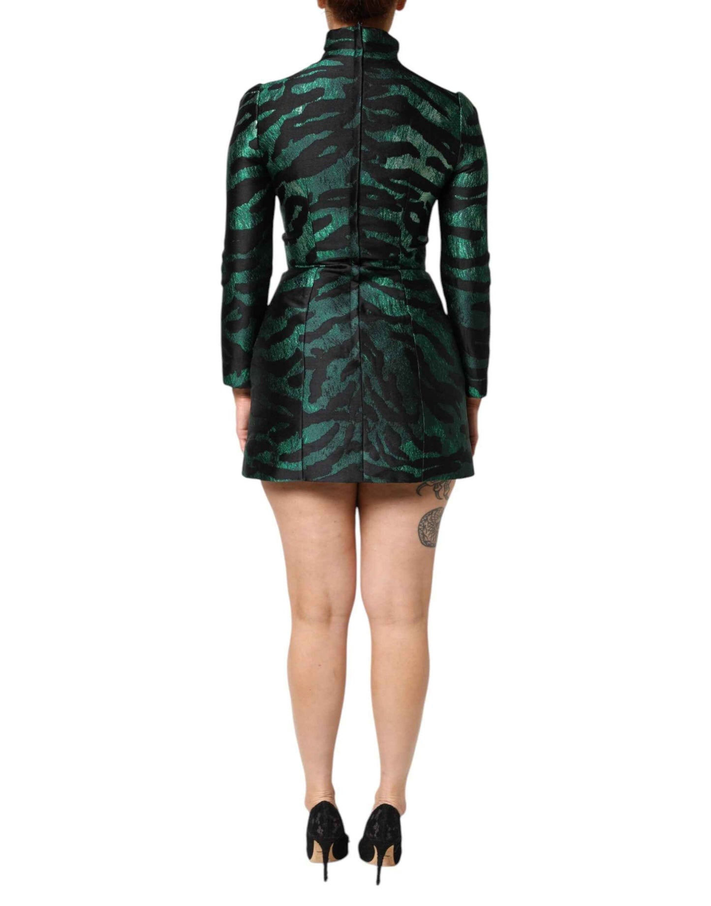 Dolce & Gabbana Black Green Metallic Jacquard Mini Long Dress by Dolce & Gabbana