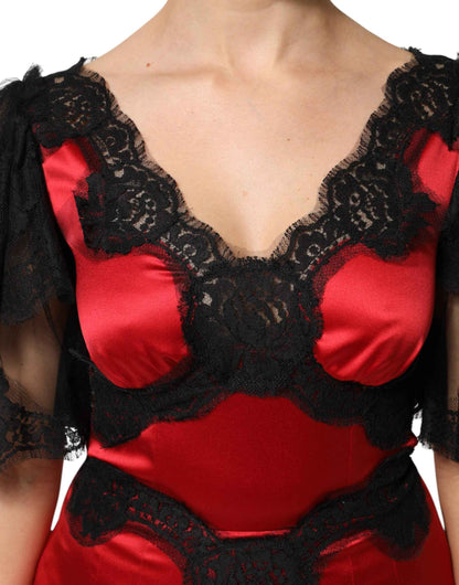 Dolce & Gabbana Red Black Silk Lace Mini Short Sleeve Dress by Dolce & Gabbana