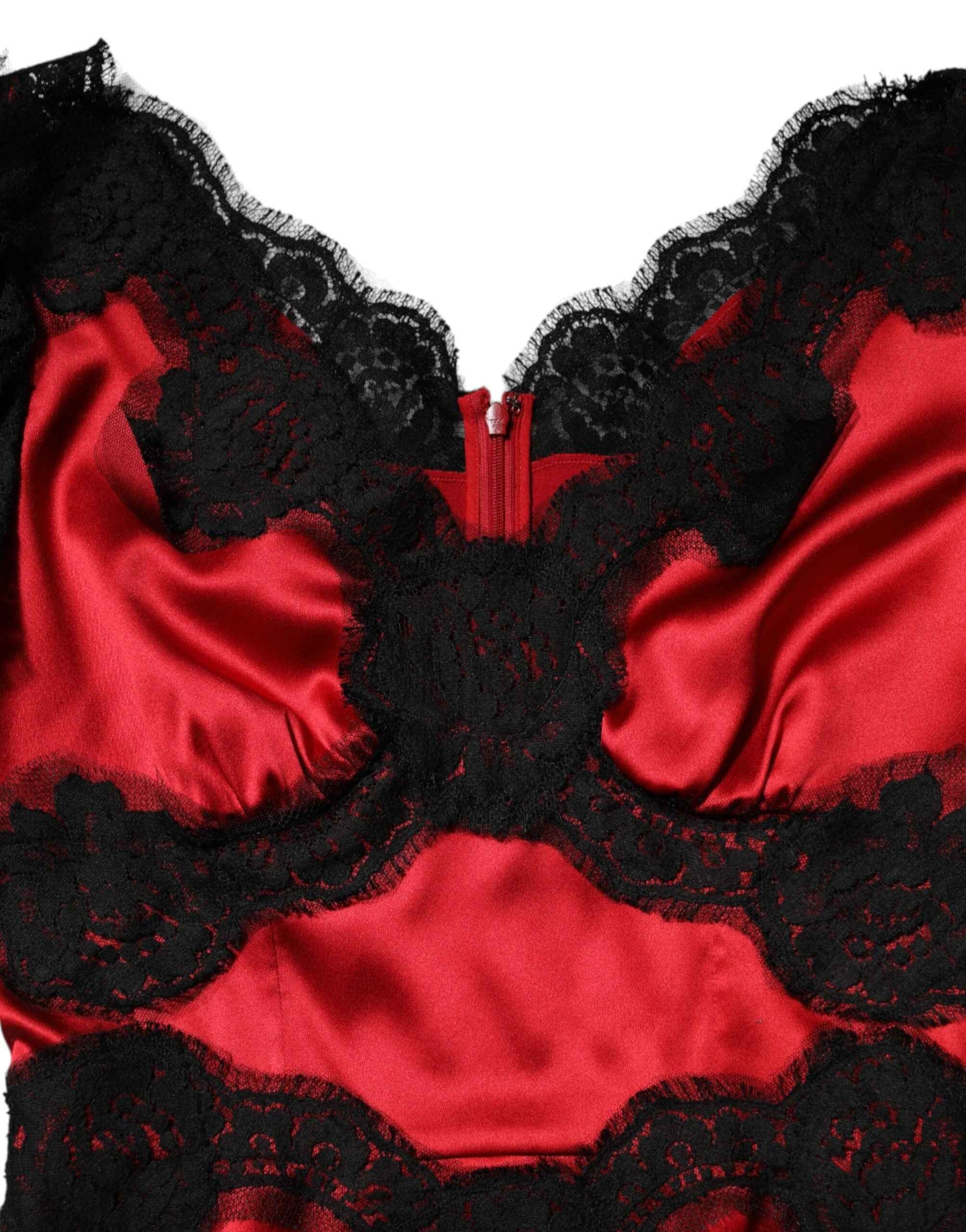 Dolce & Gabbana Red Black Silk Lace Mini Short Sleeve Dress by Dolce & Gabbana