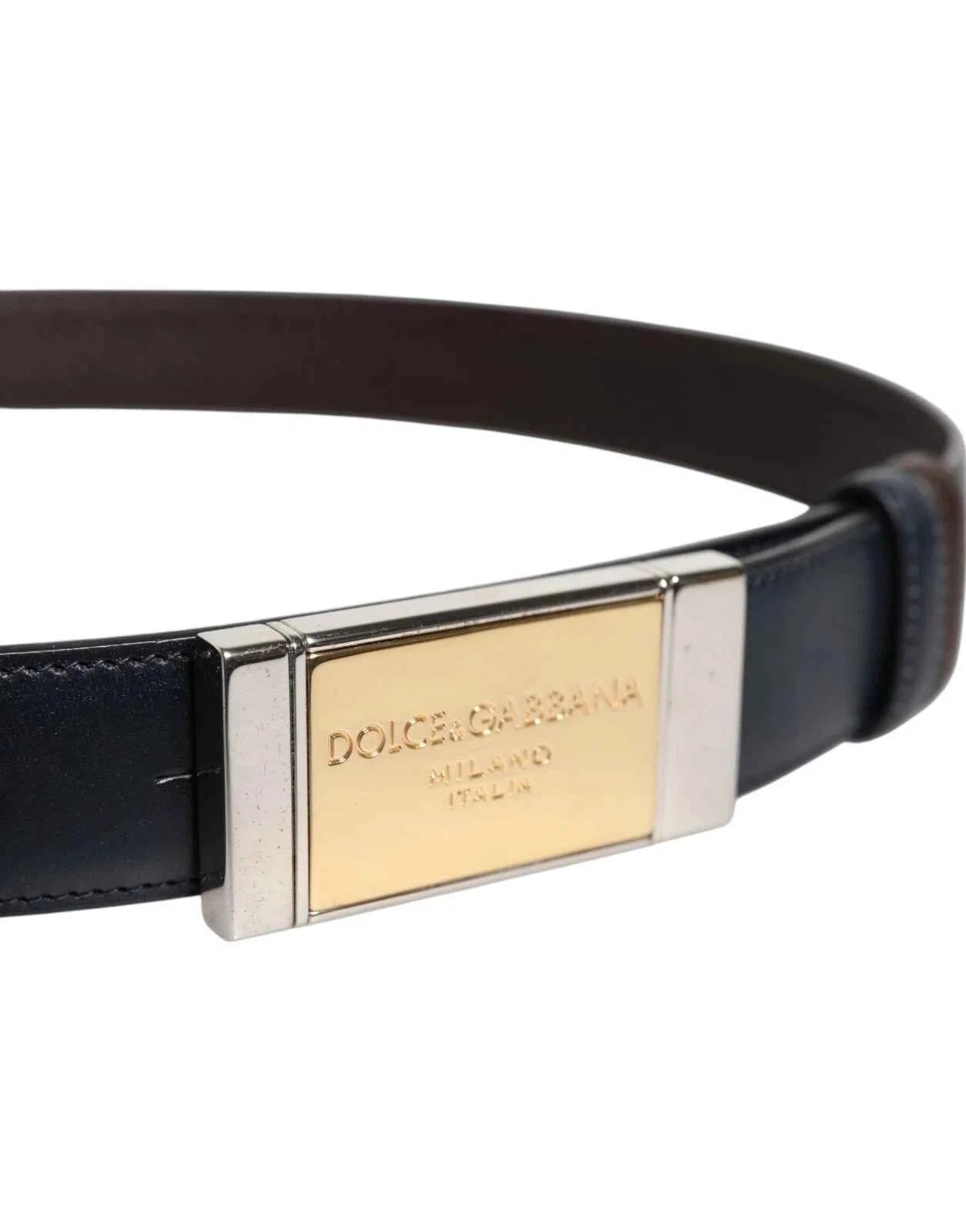 Dolce & Gabbana Blue Brown Leather Buckle Reversible Belt by Dolce & Gabbana