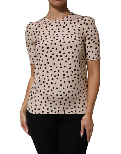 Dolce & Gabbana Beige Black Polka Dot Silk Short Sleeve Blouse Top by Dolce & Gabbana