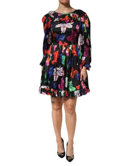 MSGM Dress Black Multicolor Floral Ruffle Long Sleeve Mini Dress by MSGM