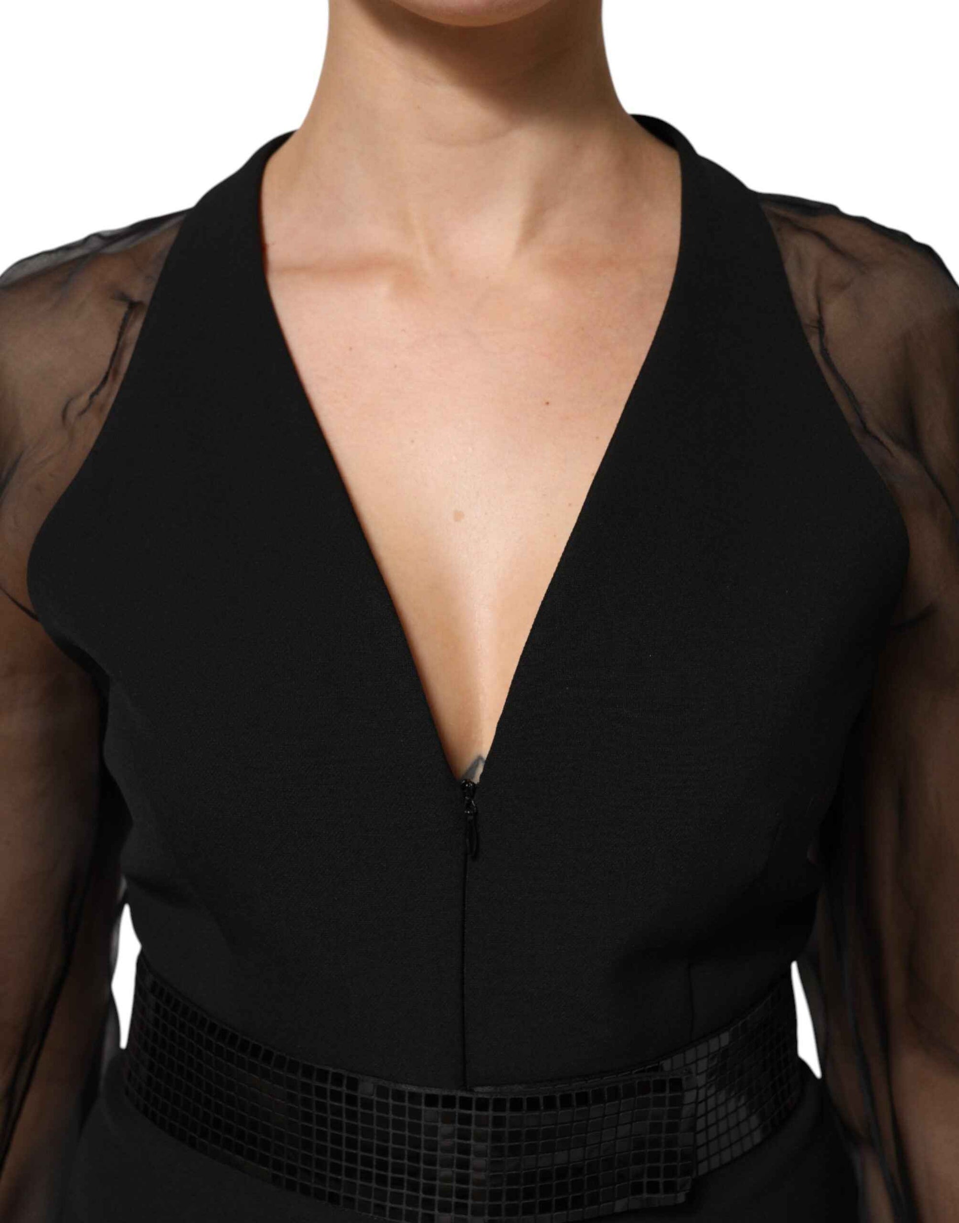 Emporio Armani Black Sheer Sleeve Belted V-Neck Mini Dress by Emporio Armani